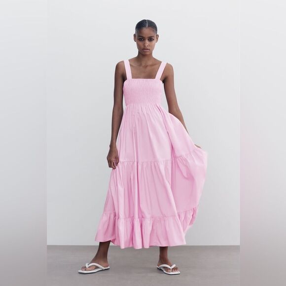 Zara Bloggers Favorite Strappy Poplin Midi Dress Ruffled Hem Pink size Medium - Picture 1 of 5